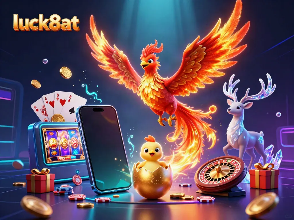 Engage with luck8at's vibrant gaming scene featuring a phoenix and exciting casino elements.