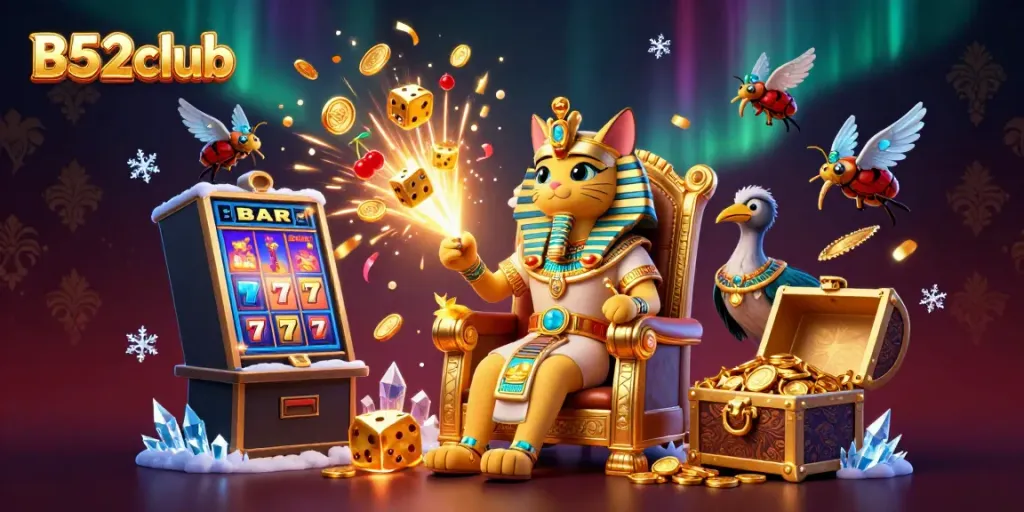 B52club - Experience vibrant gaming action with an Egyptian pharaoh cat in a luxurious casino setting.