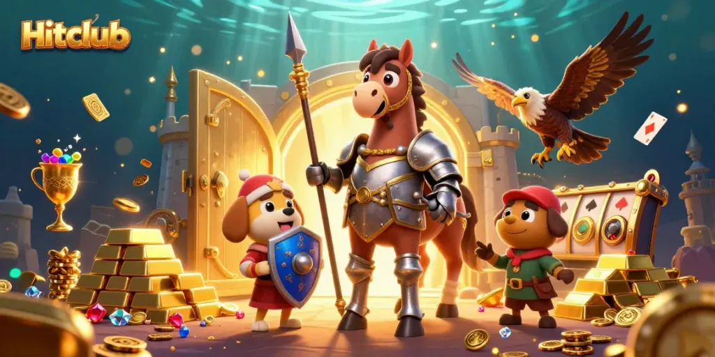 Players engage with Hitclub creations featuring a knight and treasures in a rich gambling environment.