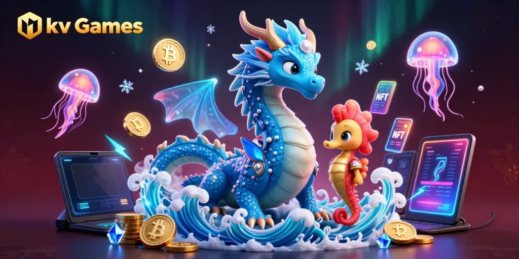 Engage with Pkv Games through a vibrant scene with a water dragon and crypto items.
