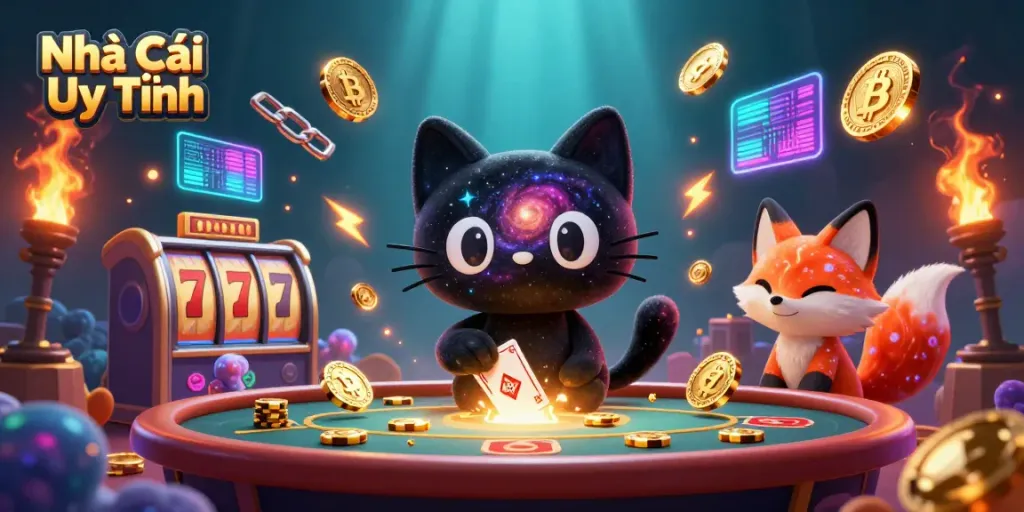 Engage with Nhà Cái Uy Tín in a lively cosmic casino setting featuring a black hole cat and nebula fox.