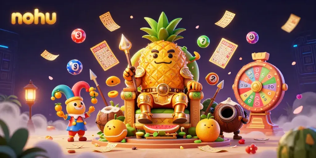 Nohu casino scene with a golden pineapple king, vibrant lottery elements, and rich 3D detail.