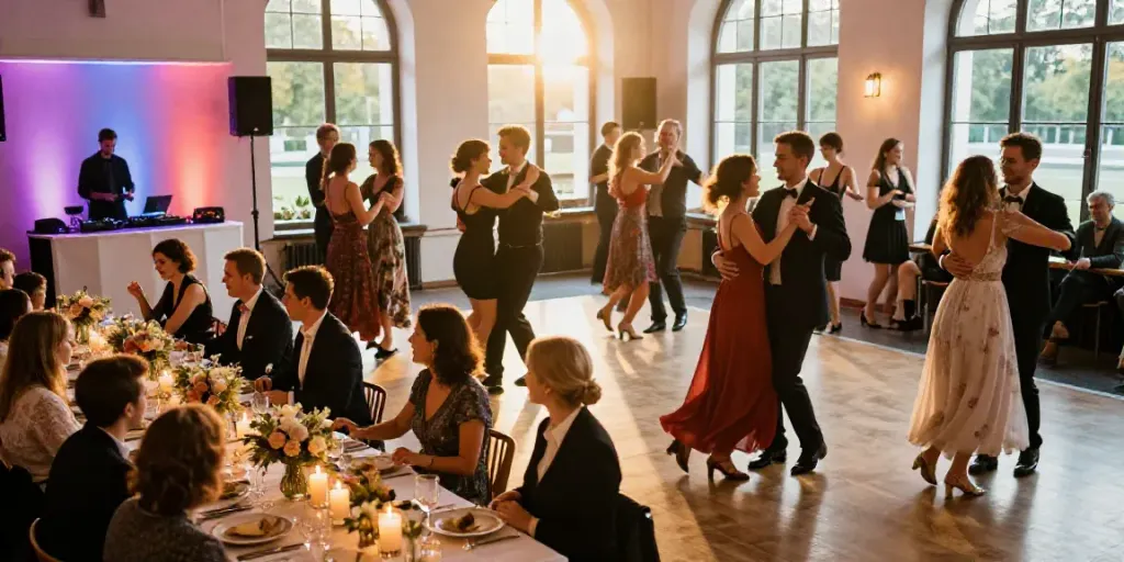 hochzeit DJ berlin brandenburg wedding reception with DJ, guests dancing, elegant decor