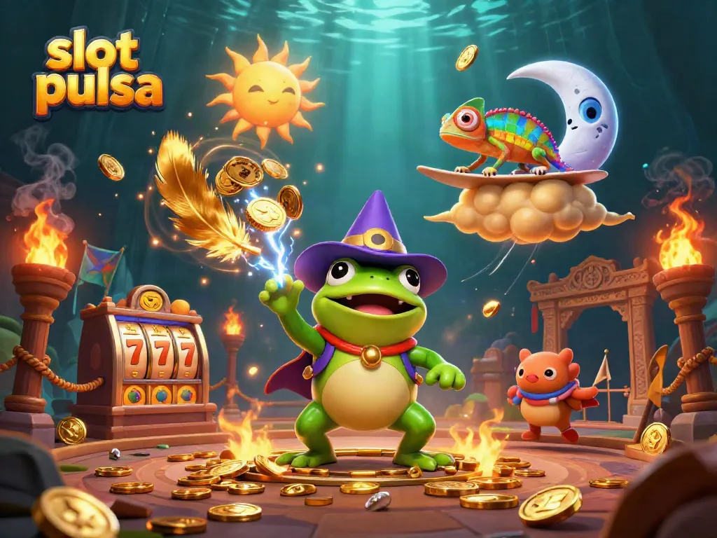 Slot pulsa: ilustrasi kasino dengan karakter magis dan elemen permainan yang menarik