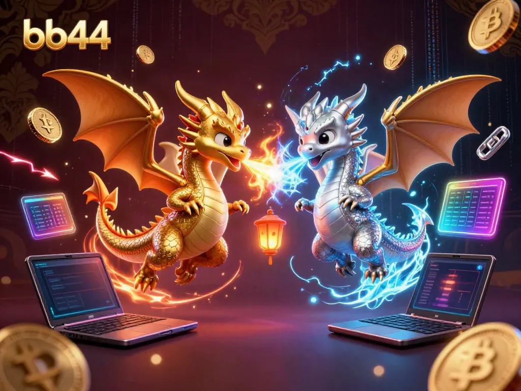 Engage with bb44's vibrant online gaming scene featuring dragons, crypto coins, and casino elements.