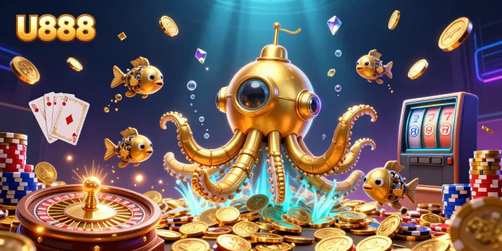 Engage with U888 as a golden kraken submarine emerges from coins amidst vibrant casino elements.