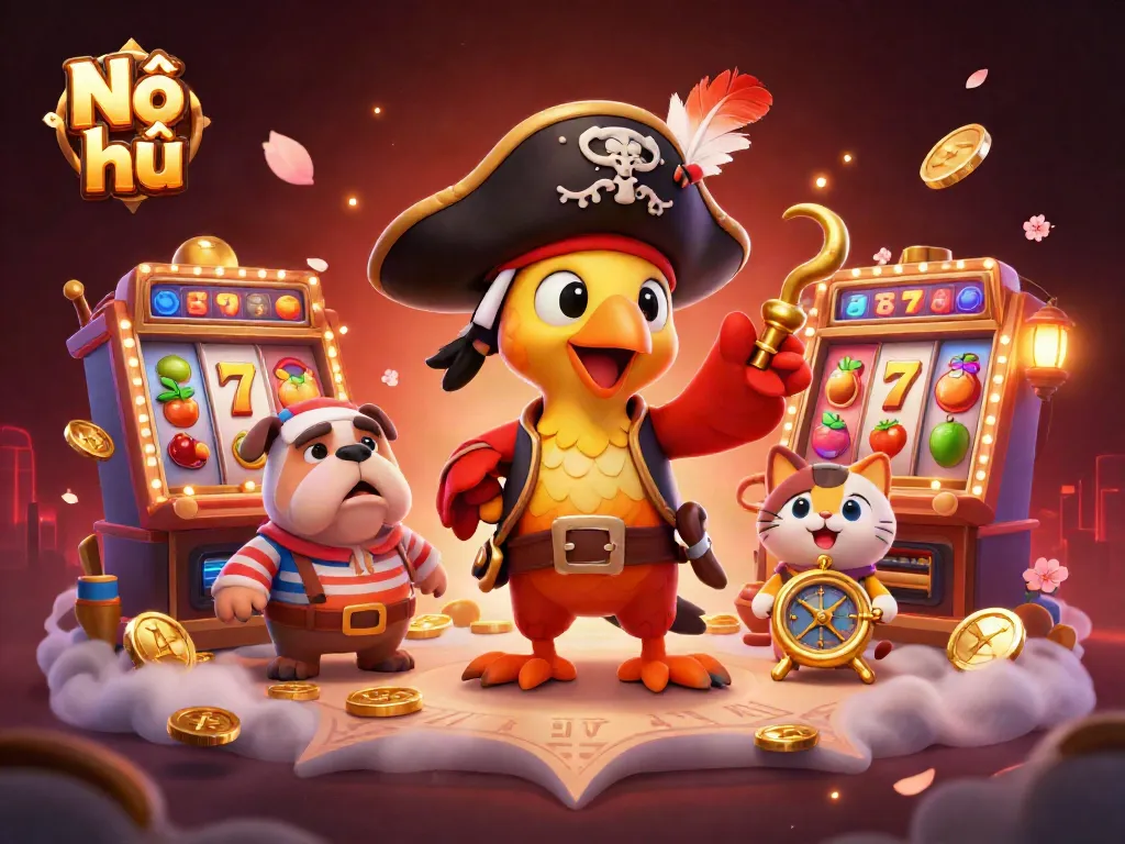 Nổ hũ slot game scene featuring a pirate captain parrot, bulldog, and cat amidst vibrant slot machines.