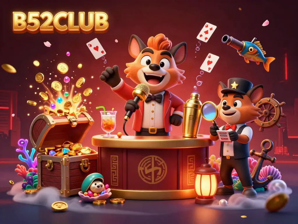 B52CLUB showcases a lively casino scene with hyena bartenders and comedians interacting in a vibrant atmosphere.
