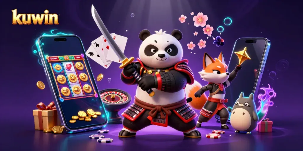 Kuwin offers a dynamic gambling experience with a colorful 3D scene featuring a samurai panda, ninja fox, and magical tanuki.