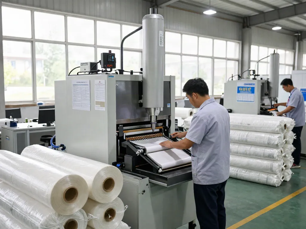 Technician operating customized packaging solutions machinery in a modern factory.