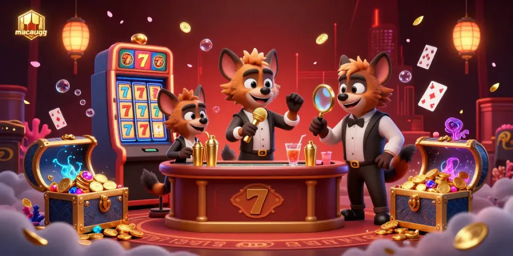 Hyenas entertain and serve drinks in a dynamic casino scene, promoting macaugg gaming excitement.