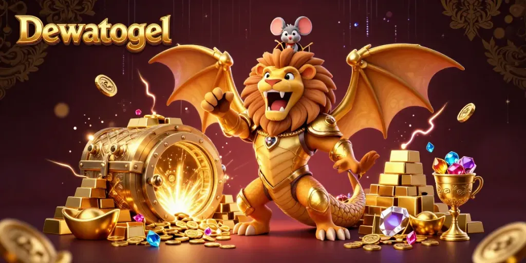 Dewatogel showcases a triumphant chimera surrounded by treasures in an exhilarating casino setting.