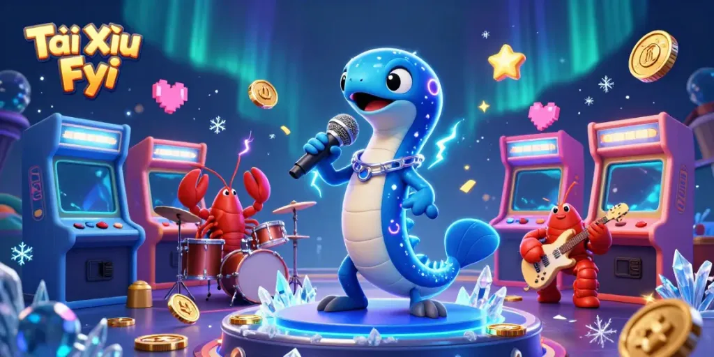 Tài Xỉu Fyi showcases an electric eel DJ and friends in a vibrant underwater casino scene.