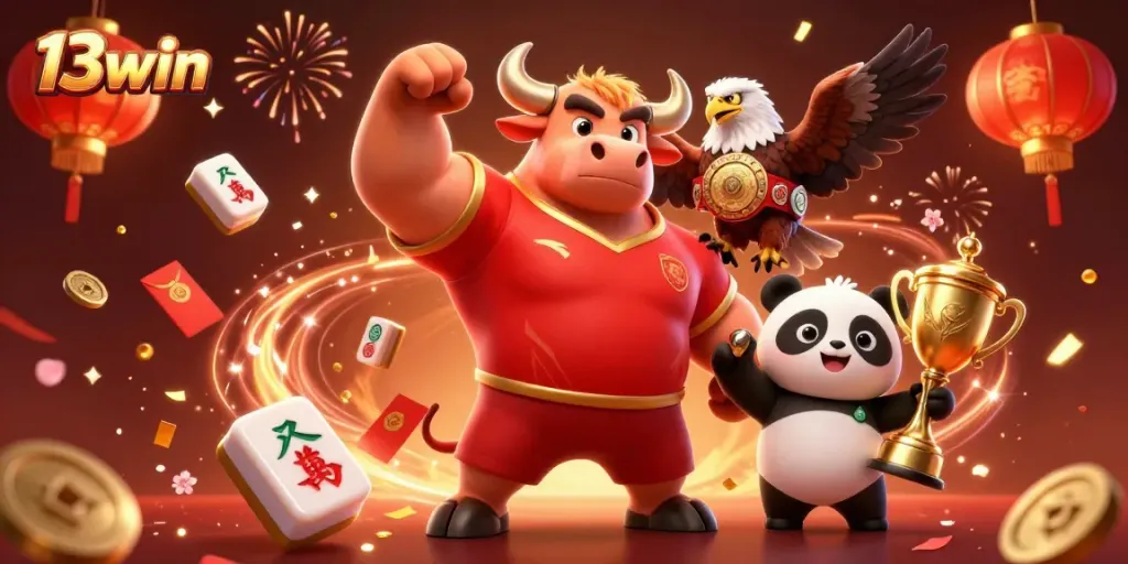 Celebrate winning moments at 13win with vibrant gaming elements and iconic mascot characters.