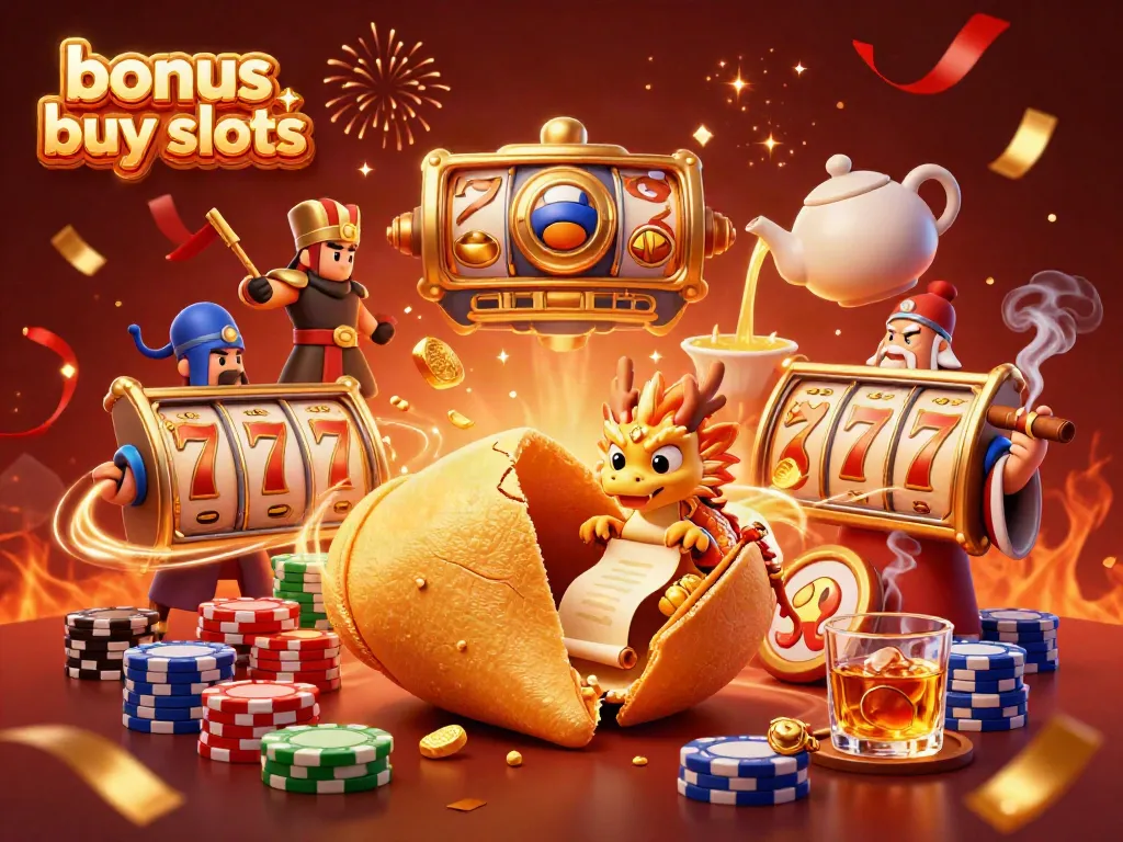 Engage with bonus buy slots as a tiny wise dragon reads fortunes inside a golden cookie amidst vibrant casino elements.