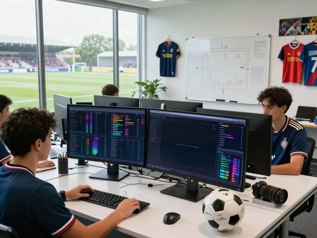 Football analyst reviewing TOP10FOOTBALL player stats on touchscreen in a vibrant sports office.