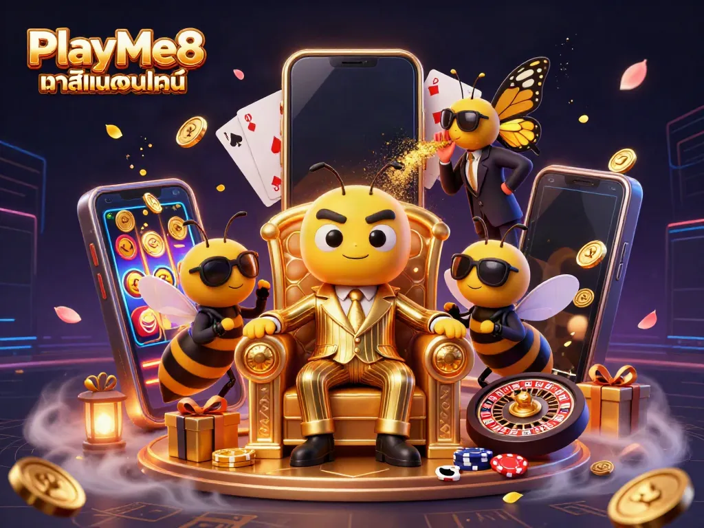 เล่นคาสิโนออนไลน์กับ PlayMe8 โดยมีมิคกี้ เจ้าของธุรกิจ มีการ์ดและชิปคาสิโนมากมาย
