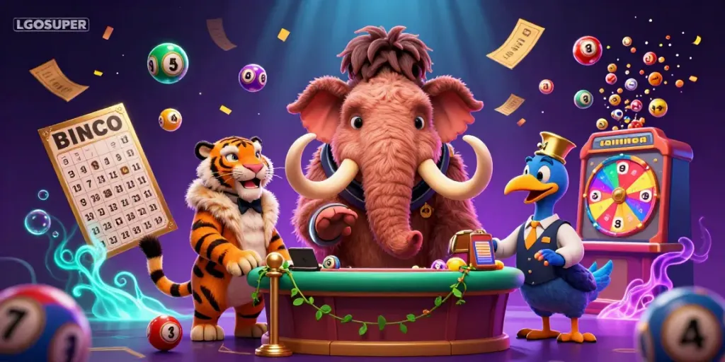 Experience LGOSUPER with a vibrant casino scene featuring a mammoth bouncer, saber-tooth VIP, and dodo doorman.