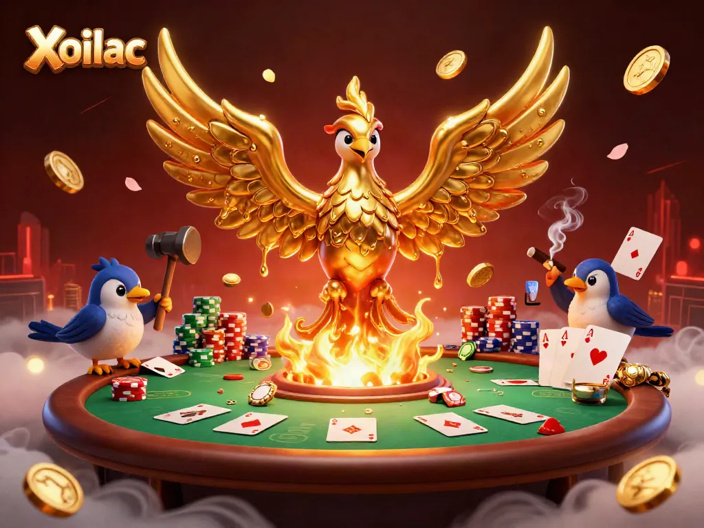Xoilac features a phoenix of molten gold inspiring players with casino elements around dynamic gameplay.
