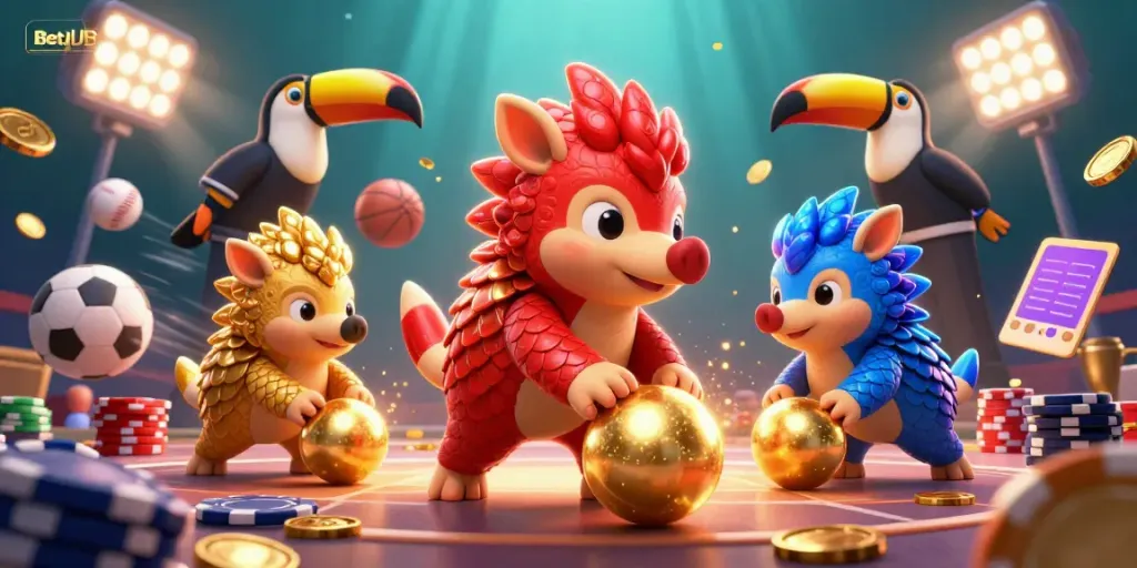 Experience thrilling gameplay at BetJDB with a 3D scene of rival pangolins, poker chips, and vibrant sports elements.
