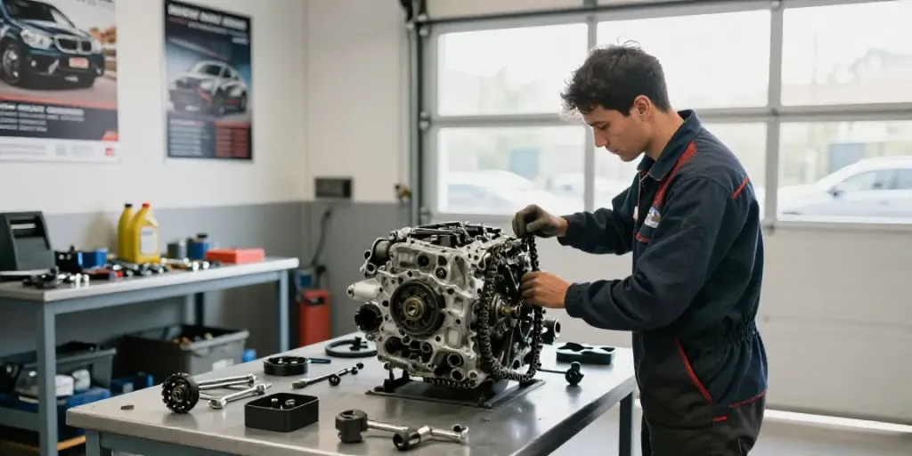 Expertly replacing the timing chain at a garage in Hannover, emphasizing skilled automotive service.