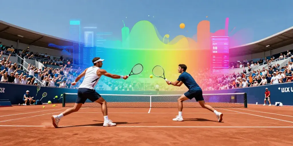 Tennis prediction algorithm in action during a live match, showcasing player dynamics and audience engagement.