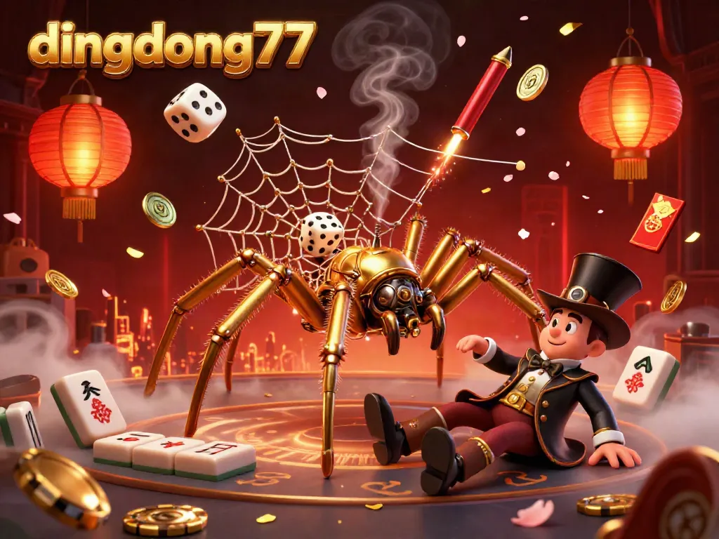 Dingdong77 showcases a lively steampunk casino scene with golden spider and Victorian fly gentleman amidst vibrant gambling elements.