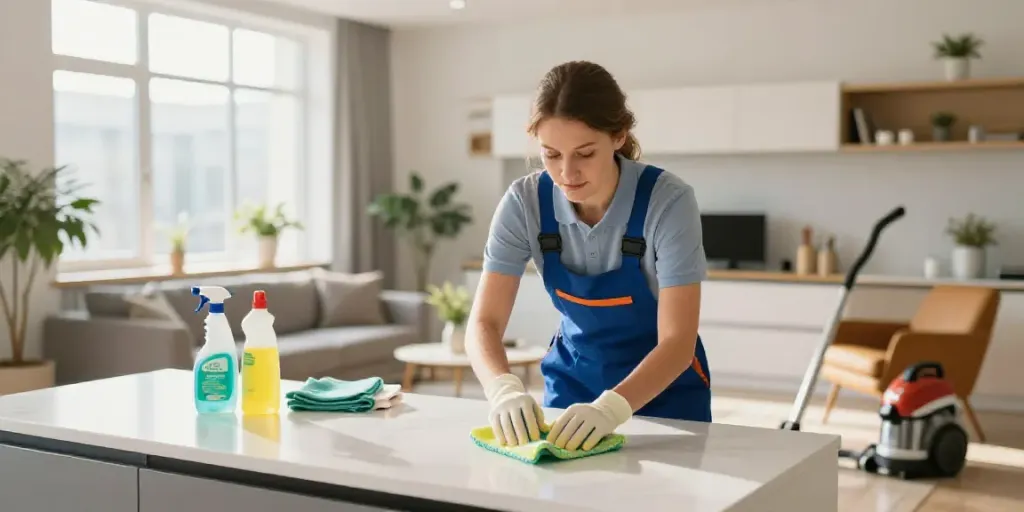 End of lease cleaning Melbourne with professional cleaner in a bright apartment