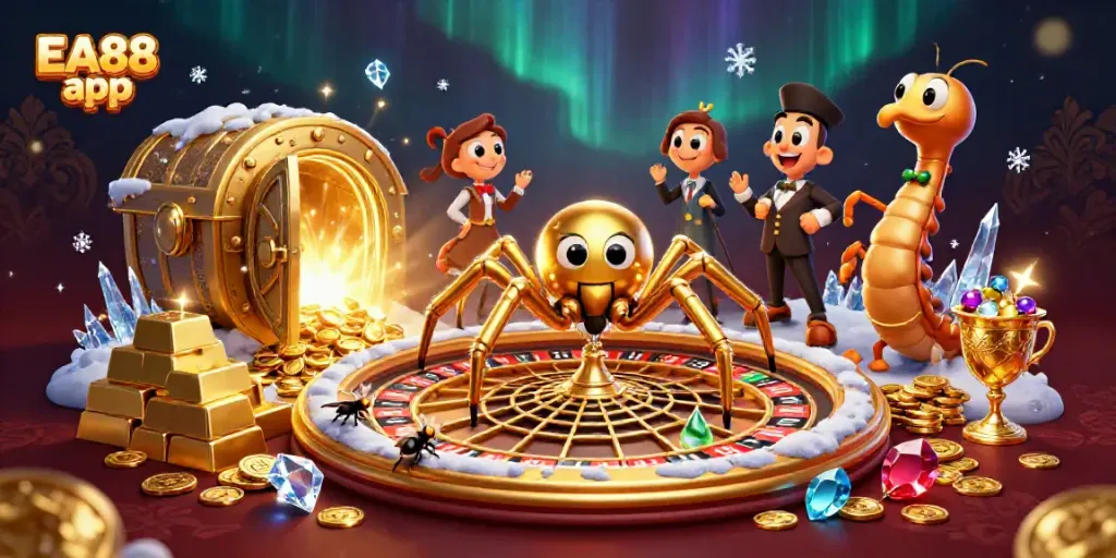 Experience the excitement of the EA88 app with a dynamic casino scene featuring a spider, fly, and centipede in action.