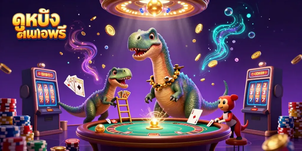 Experience the thrill of ดูหนังออนไลน์ฟรี with a vibrant casino scene featuring animated dinosaurs and dynamic gaming elements.