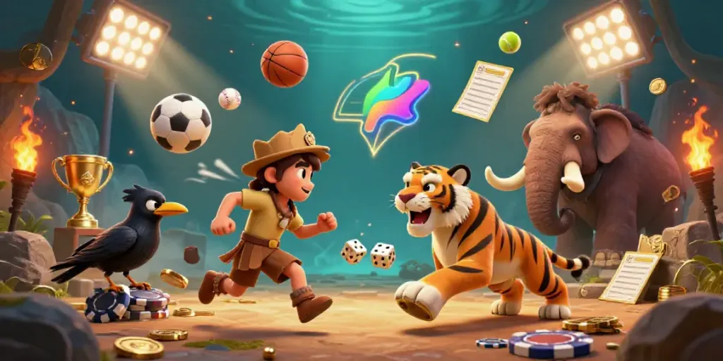 Engage in thrilling adventure with 789win featuring a caveman, sabertooth tiger, and clever crow overseeing a vibrant casino.