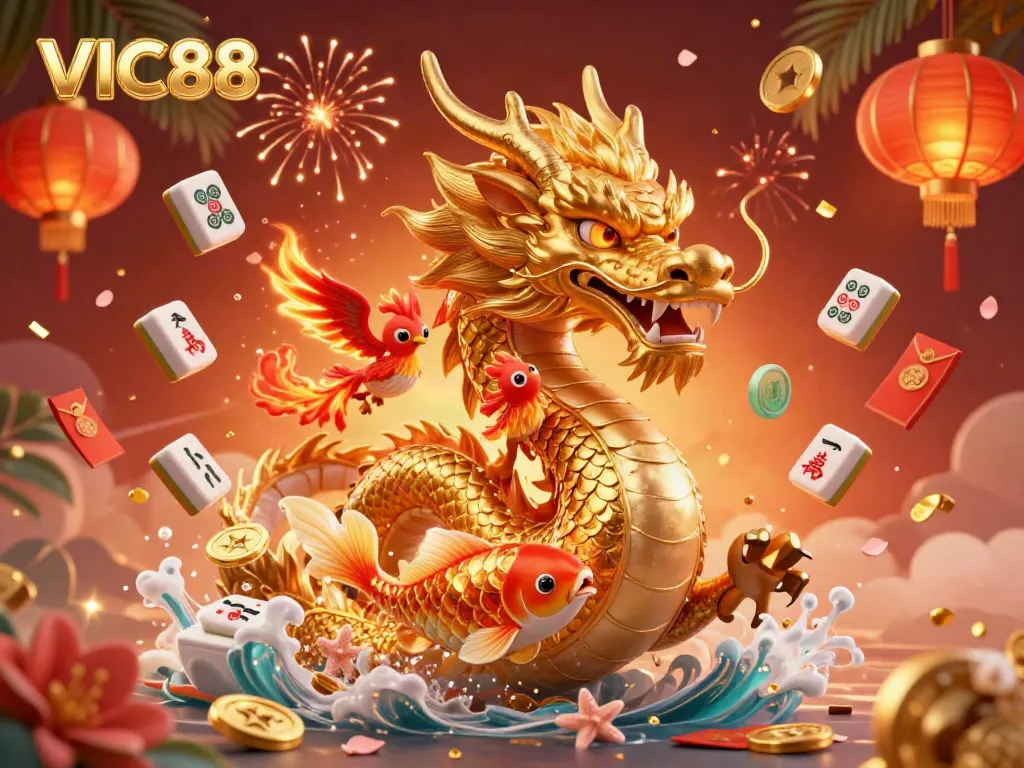Experience exciting gameplay with VIC88, featuring a golden dragon and vibrant casino elements.
