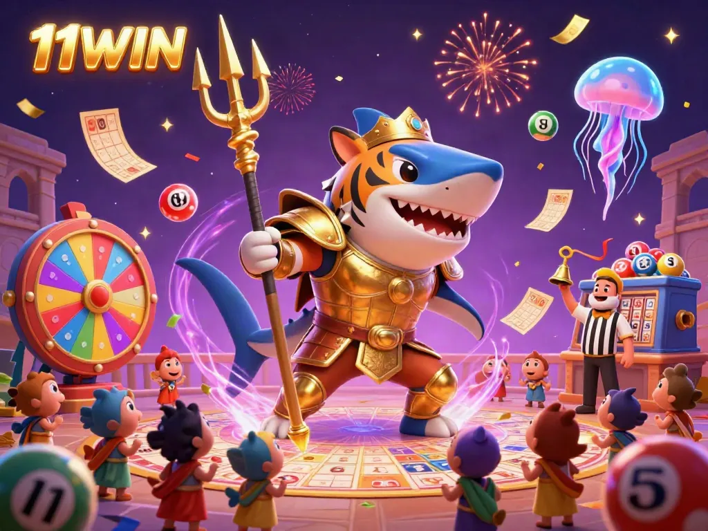 Engage with 11WIN's vibrant 3D scene featuring a golden tiger shark and lottery elements.