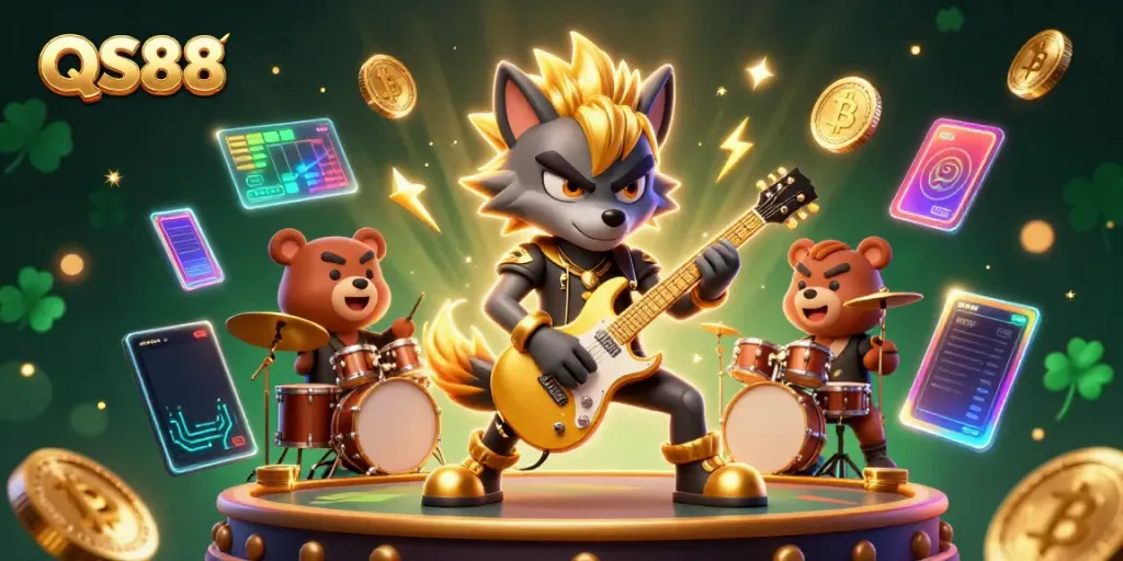 Experience casino excitement with QS88 in a dynamic 3D scene featuring a rock star wolf and energetic elements.