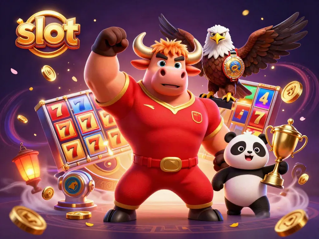 Experience thrilling slot action with a victorious bull mascot, eagle, and panda amidst vibrant gaming elements.