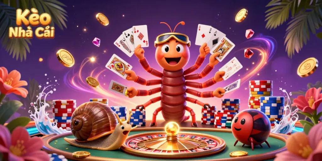 Kèo Nhà Cái illustrated scene showing a cartoon millipede dealer showcasing playing cards surrounded by casino elements.