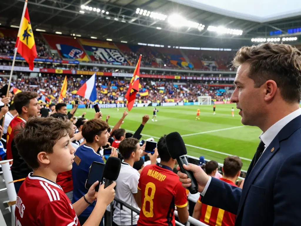 Exciting football transfer news scene with fans and journalists, capturing ข่าวซื้อขายนักเตะ moments in a lively stadium atmosphere.
