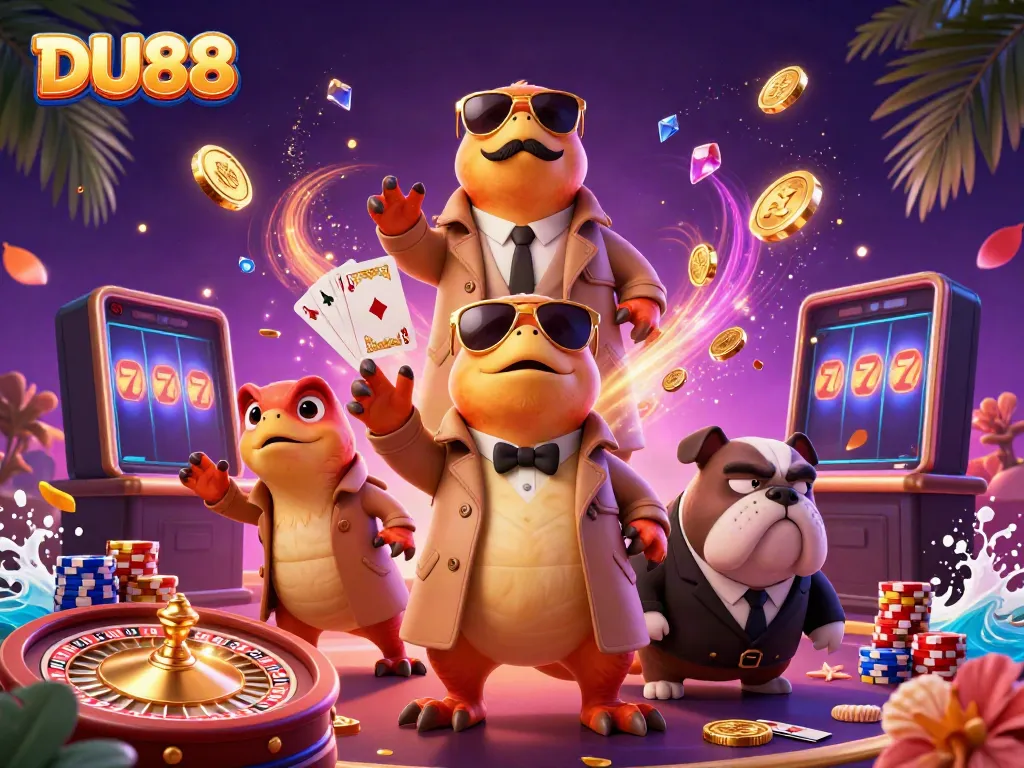 DU88 raptors sneak into a VIP casino, surrounded by coins, cards, and vibrant game elements.