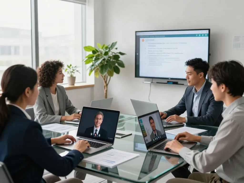 Deepfake protected Online Video Calls, Meetings and Conferencing in a modern office with a diverse team using advanced technology.