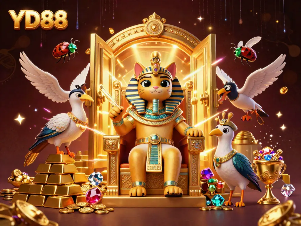 Experience YD88's captivating world of chance with a majestic pharaoh cat surrounded by treasures.