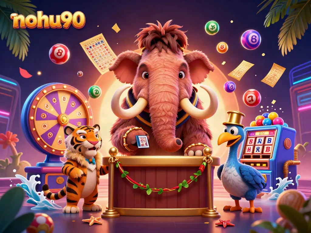 Experience nohu90's vibrant casino scene with a woolly mammoth bouncer, saber-tooth VIP, and lively game elements.