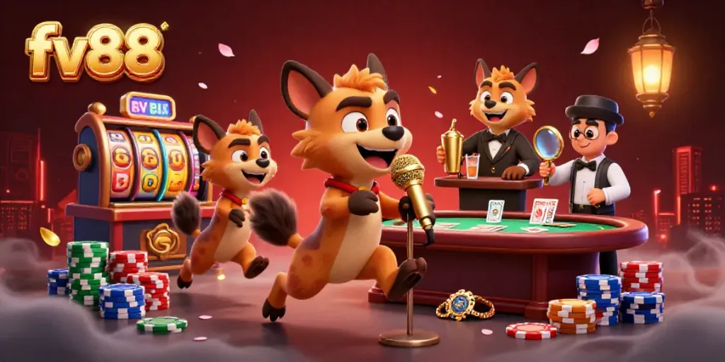 Enjoy the vibrant atmosphere of fv88's online casino featuring hyenas as entertainers, showcasing drinks and poker games.