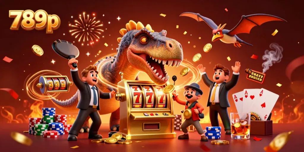 Watch 789p characters celebrate a jackpot win at a dynamic casino scene with vibrant colors.