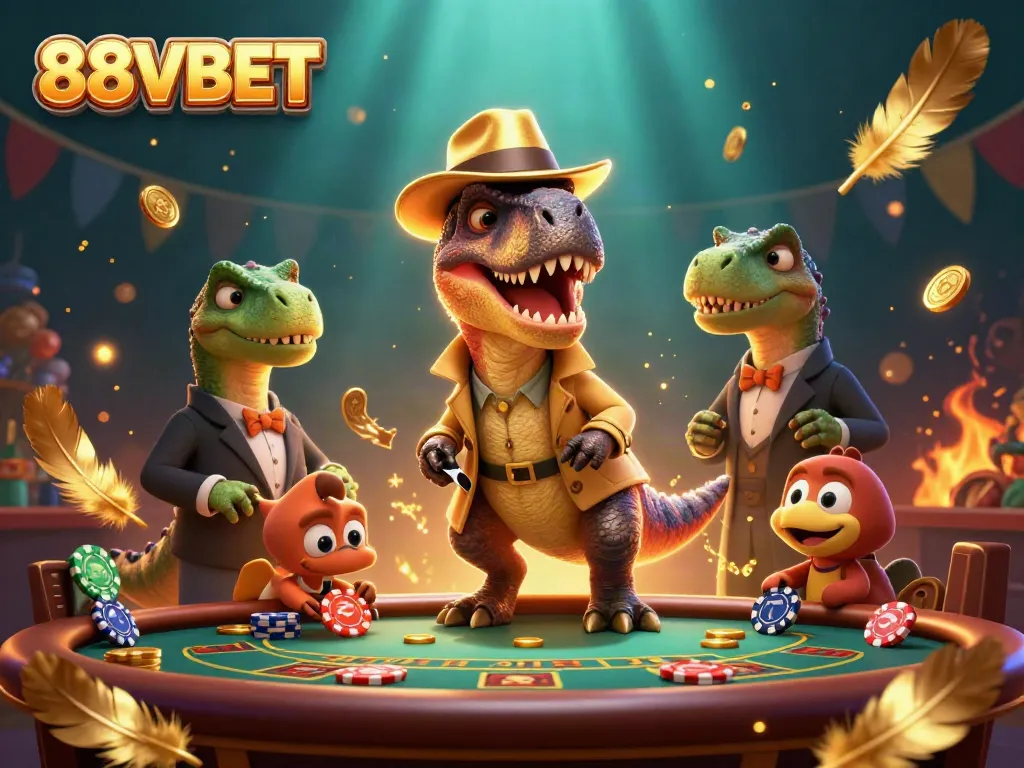 Experience thrilling casino gameplay with the unique 88VBET illustration featuring dinosaurs at a blackjack table.
