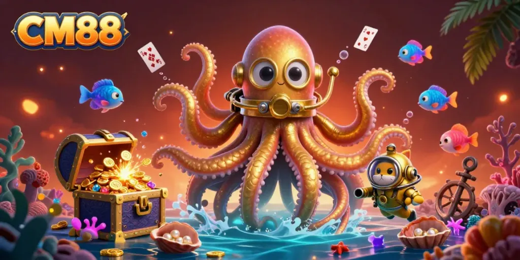 Experience the excitement of CM88 with an exhilarating underwater casino gaming illustration featuring a kraken and diving cat.