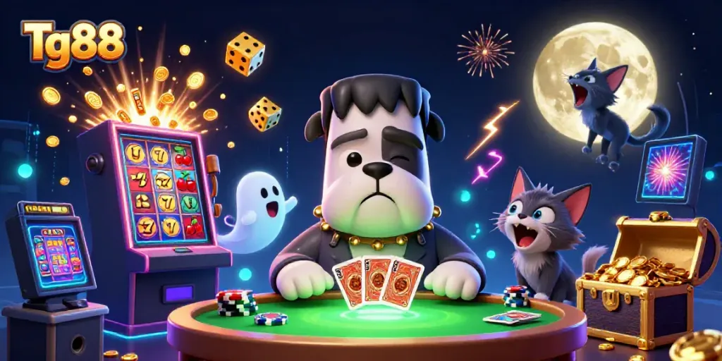 Unleash winning strategies at Tg88 with lively 3D card game scene featuring dynamic characters.
