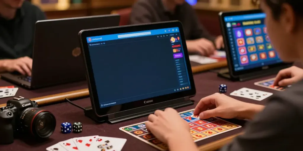 Pengguna bermain game online pohon4d dengan smartphone menunjukkan aplikasi dan elemen permainan di sekitarnya.