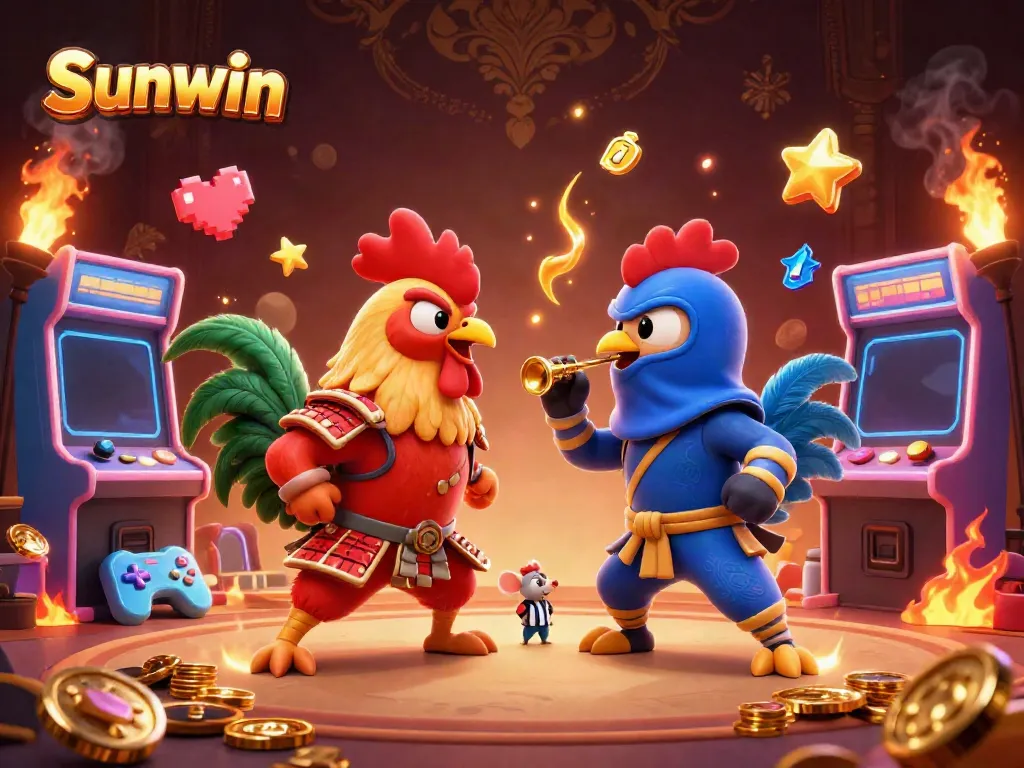 Engage in thrilling cockfighting action with Sunwin's dynamic 3D illustration featuring vibrant roosters in an arena setting.