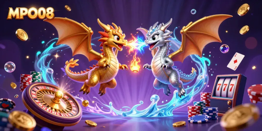MPO08 showcases a vibrant scene with intertwined dragons, golden coins, and casino elements, capturing the thrill of gambling.