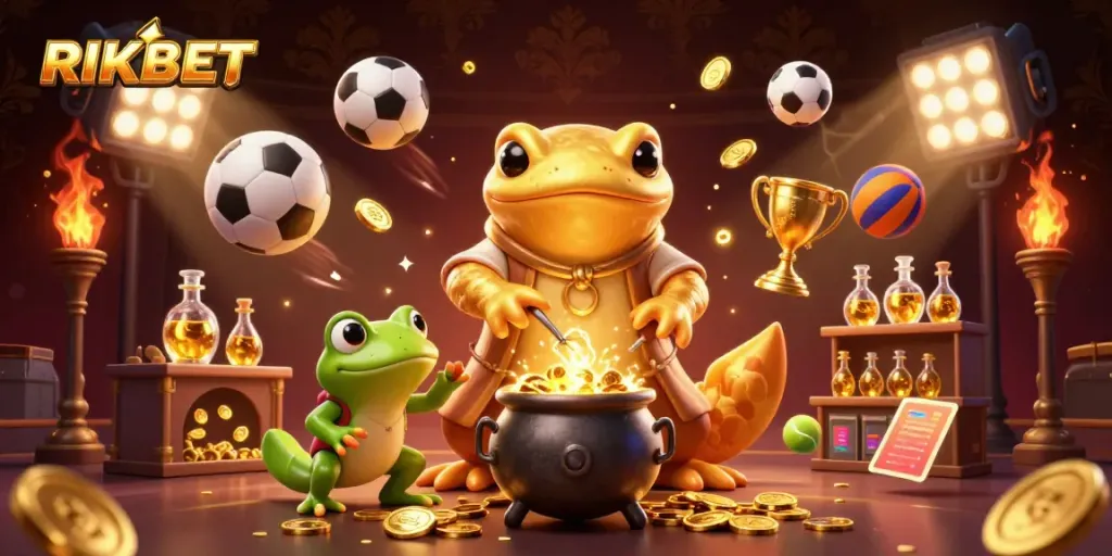 Experience thrilling gameplay at RIKBET with captivating 3D illustrations of alchemists, gold coins, and sports elements.